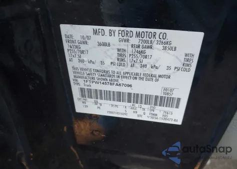 2008 Ford F-150 60Th Anniversary/Fx4/King Ranch/Lariat/Limited/Xlt z USA, uszkodzony, nr VIN 1FTPW14578FA67096